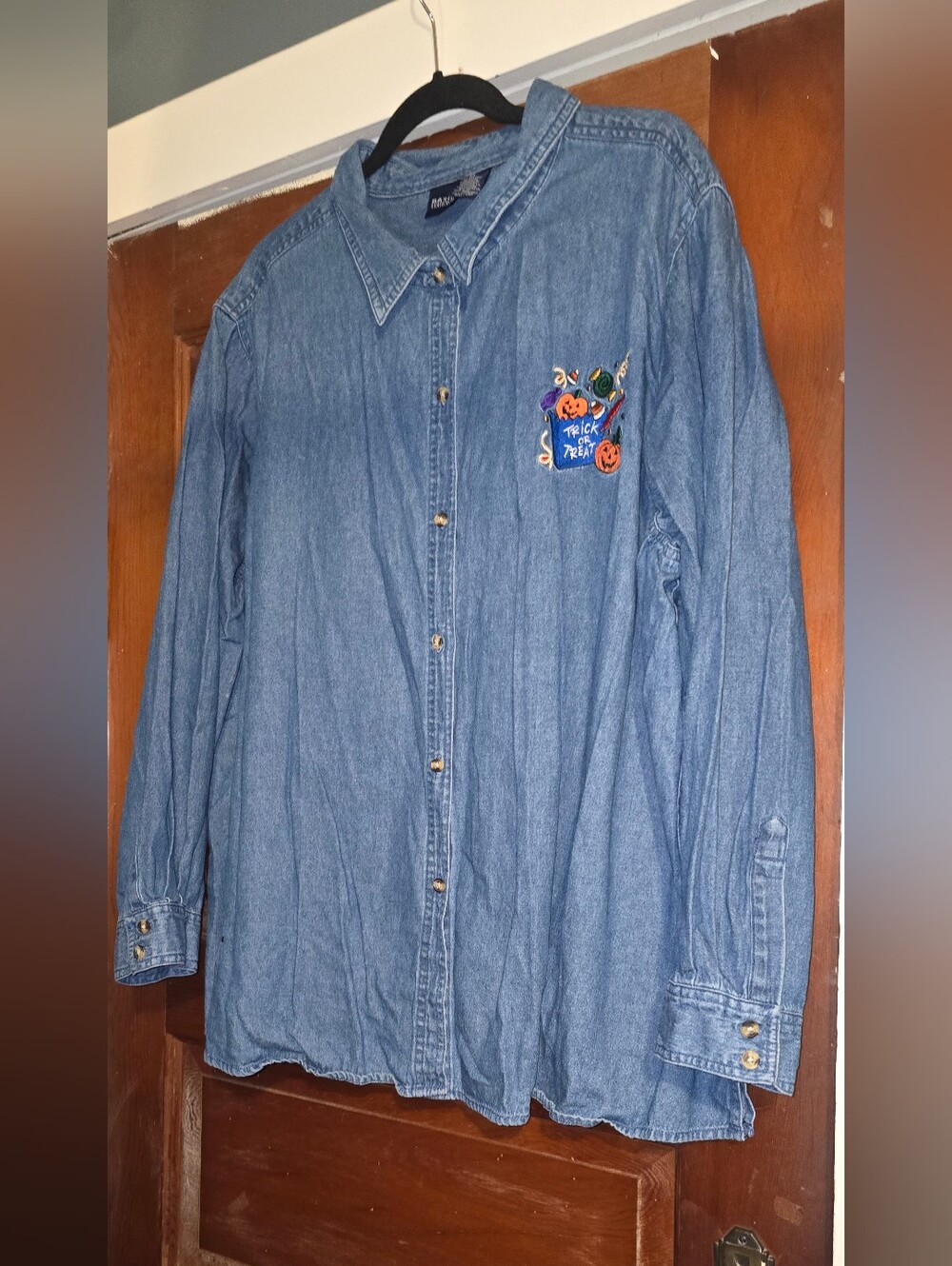 Basic Edition Denim Button-Up Shirt with Halloween Patches